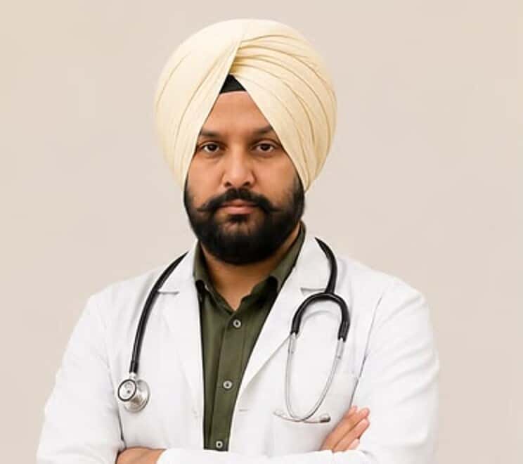Portrait of Dr. Arvinder Singh Bali in a white coat with stethoscope, arms crossed