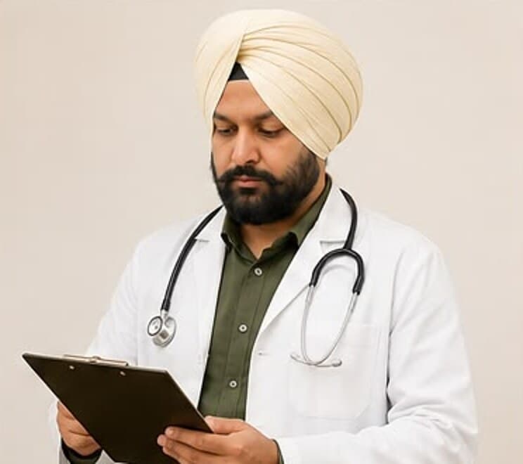 Dr. Arvinder Singh Bali reviewing a patient intake on a clipboard