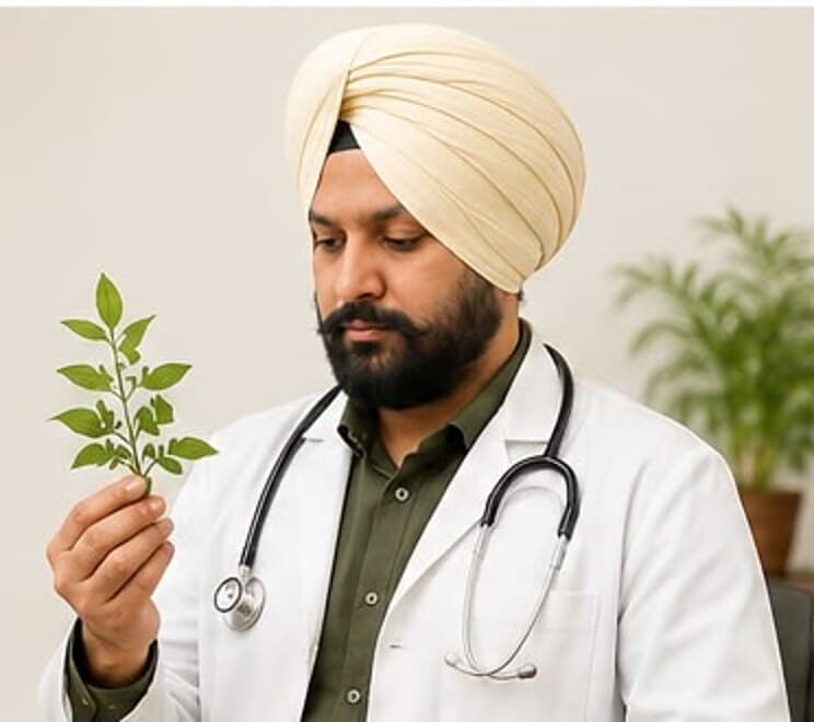 Dr. Arvinder Singh Bali examining a fresh medicinal herb sprig