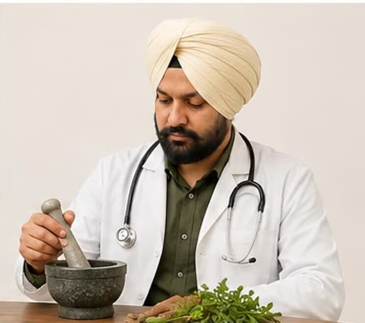 Dr. Arvinder Singh Bali preparing herbs with a stone mortar and pestle
