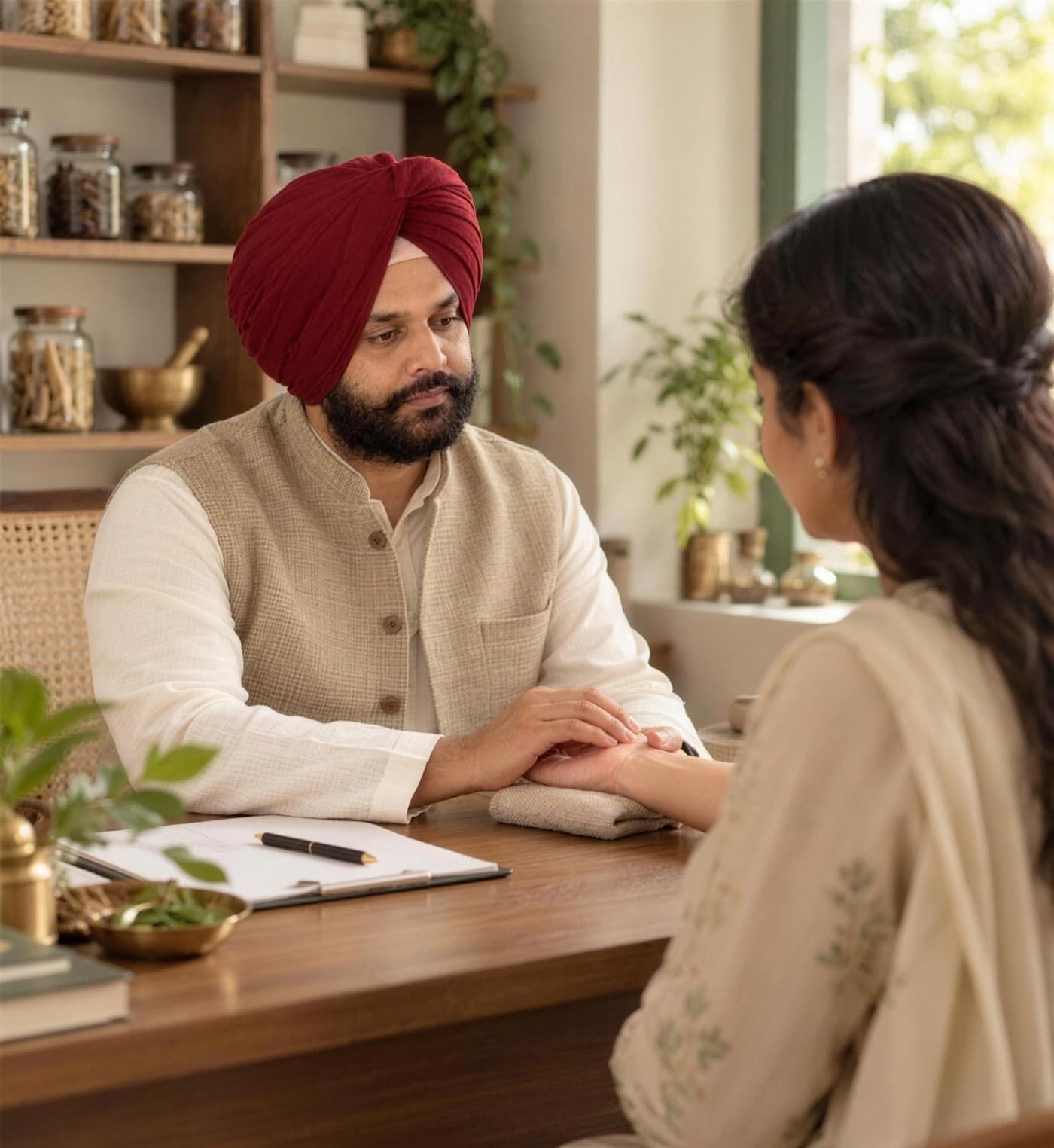 Dr. Arvinder Singh Bali reading a patient's pulse across his consulting desk, apothecary jars on the shelves behind him