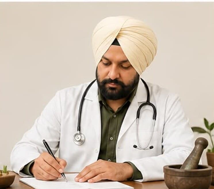 Dr. Arvinder Singh Bali writing a personalised care plan at his desk