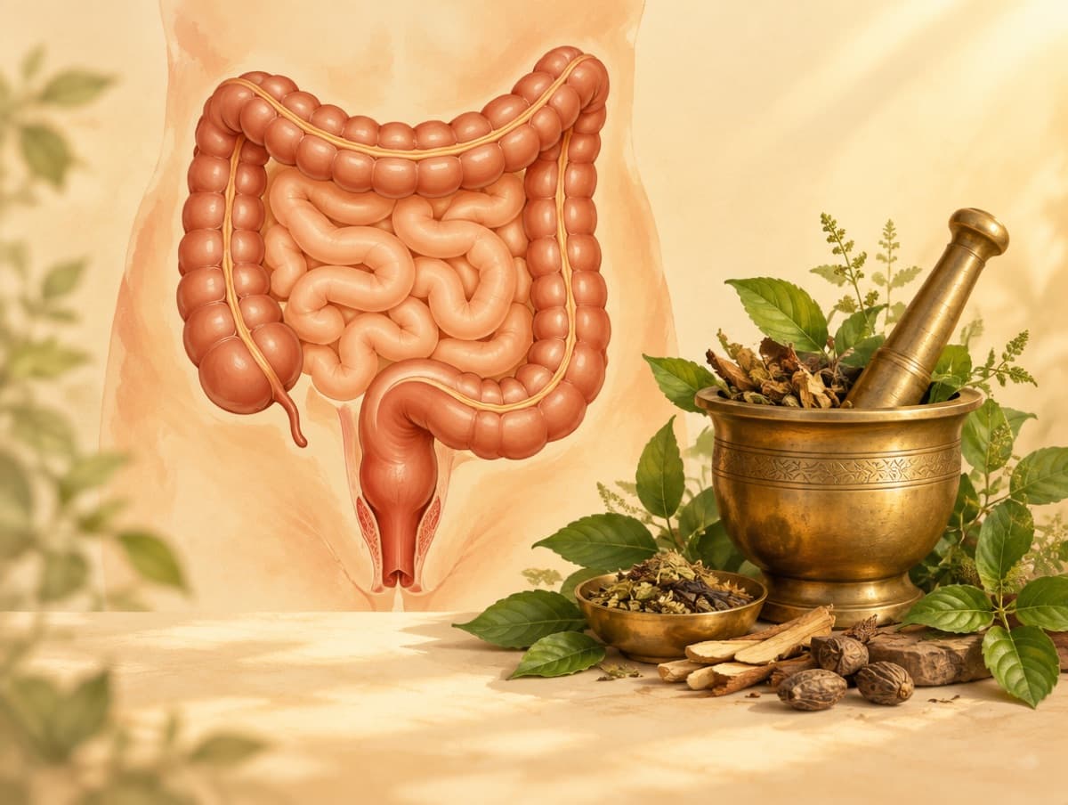 Illustration of the lower digestive tract beside a brass mortar and pestle with herbs