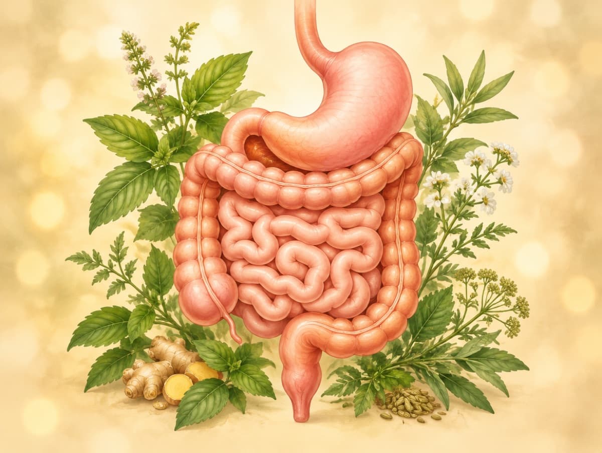 Illustration of the stomach and intestines framed by digestive herbs and ginger