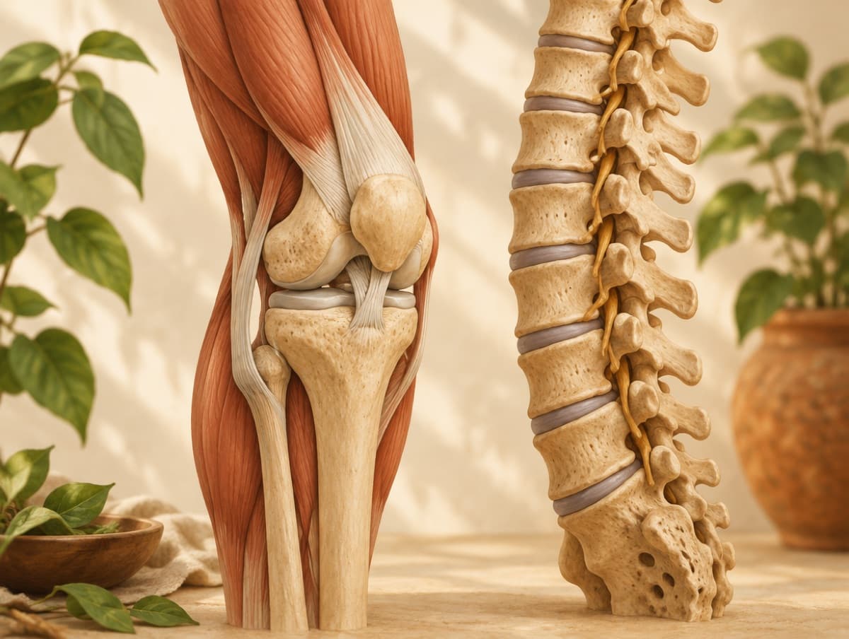 Anatomical illustration of a knee joint beside a section of the spine