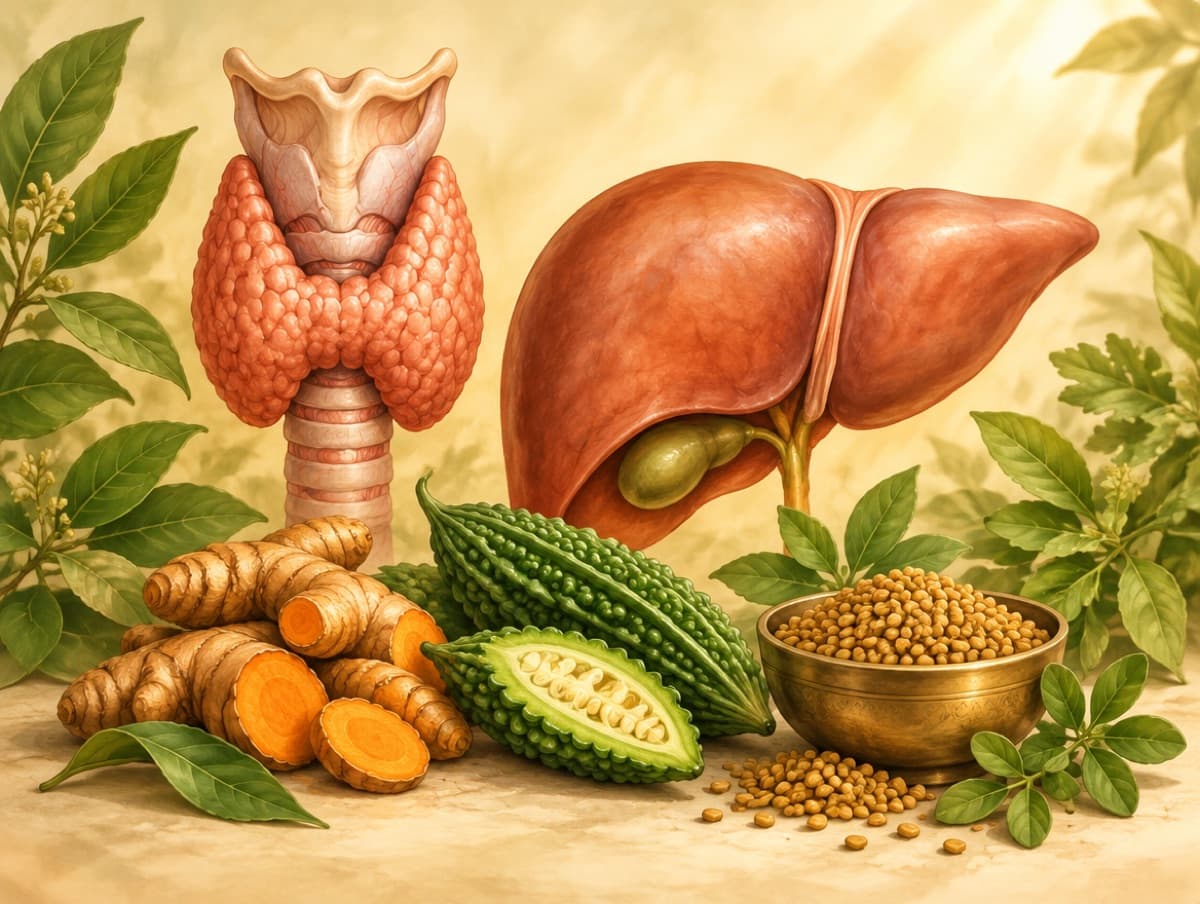 Illustration of the thyroid gland and liver beside turmeric, bitter gourd and fenugreek
